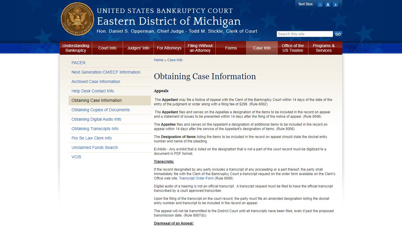 Obtaining Case Information - United States Bankruptcy Court